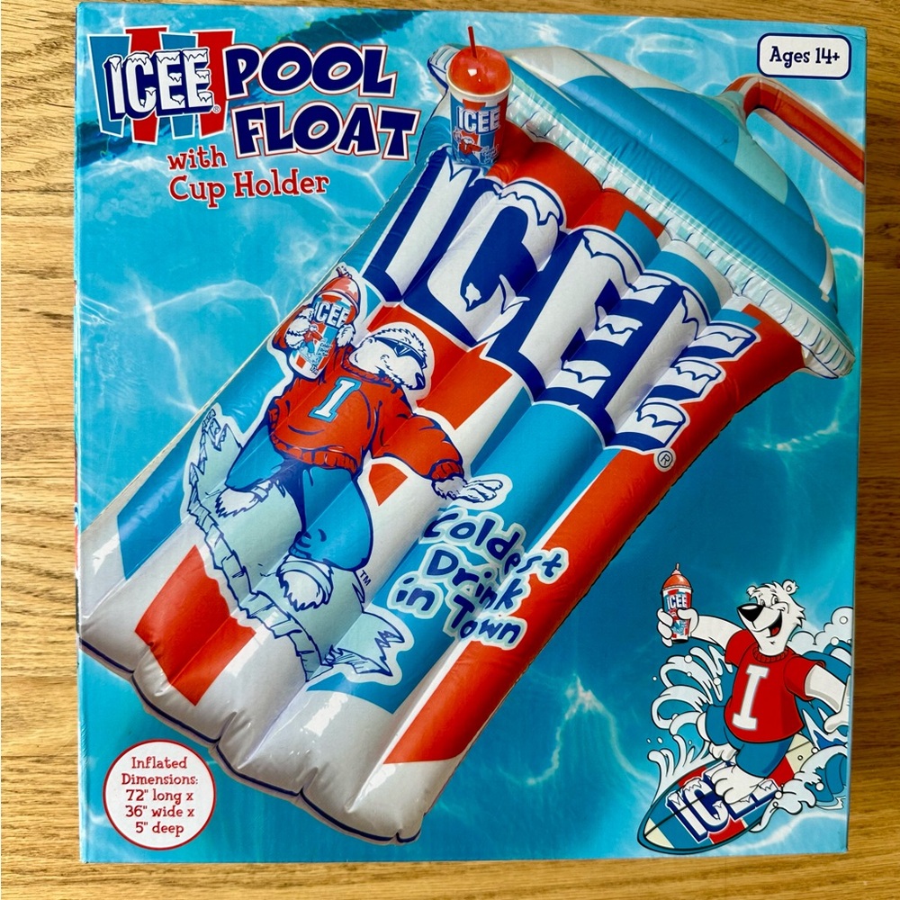 ICEE Pool Float with a cup holder - Inflated dimensions are 72" long x 36" wide